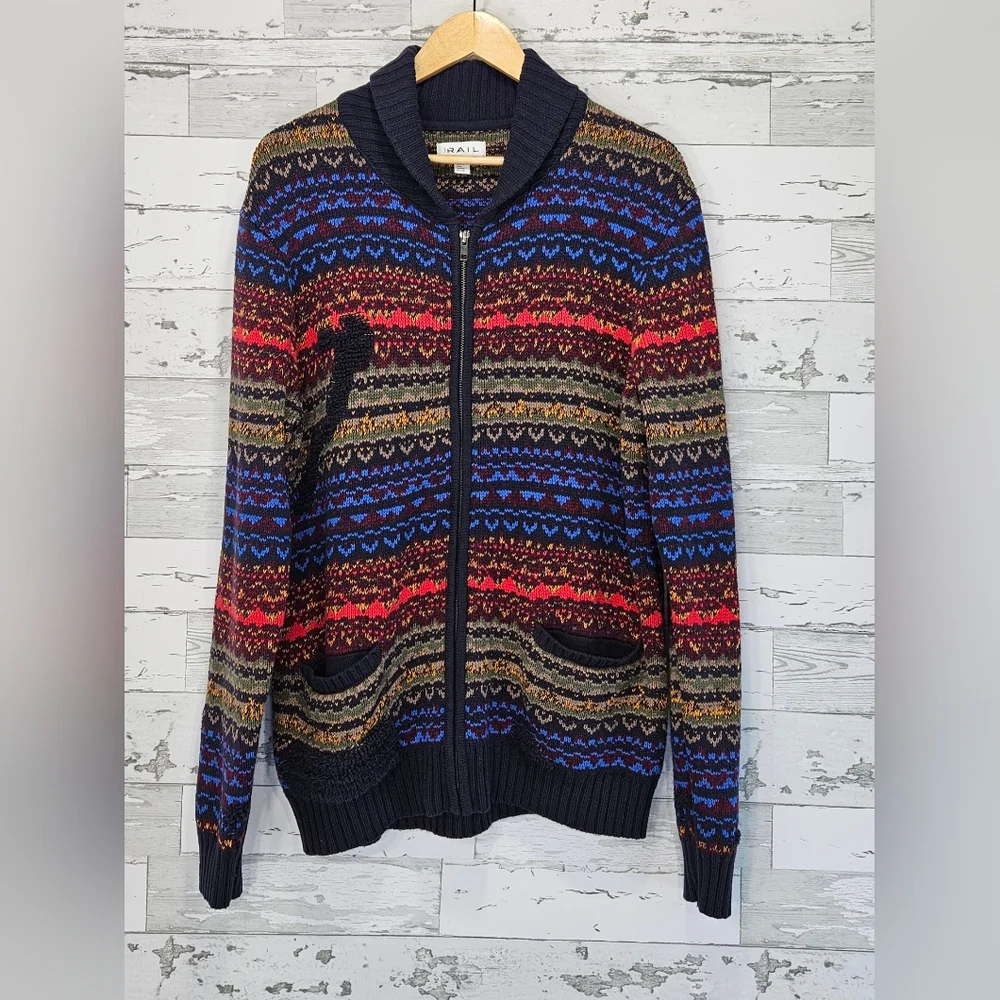 Rails Mens Shawl Full Zip Cardigan Large Striped Blue Multicolor Cotton Blend